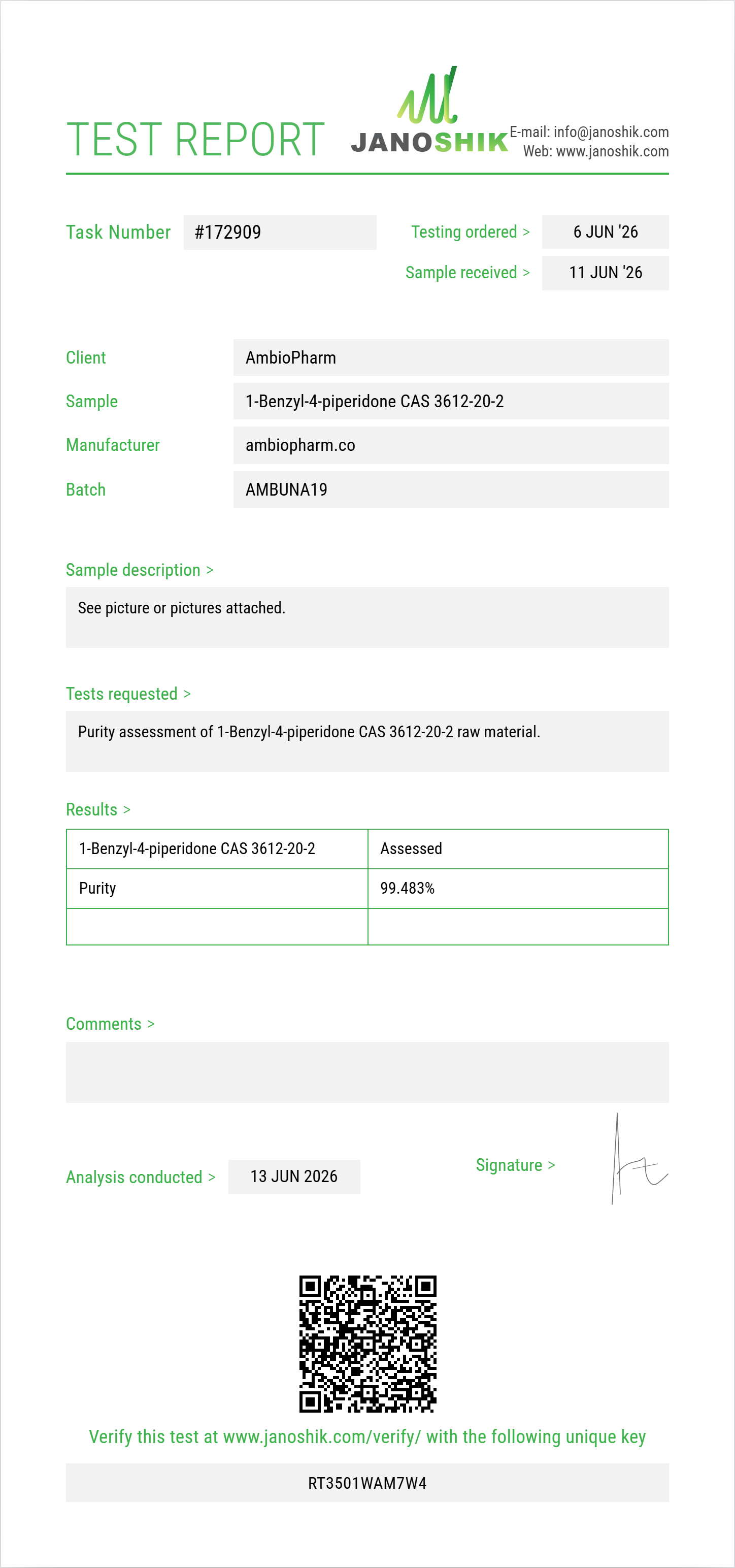 1-Benzyl-4-piperidone CAS 3612-20-2 Purity (HPLC) report by Janoshik Analytical