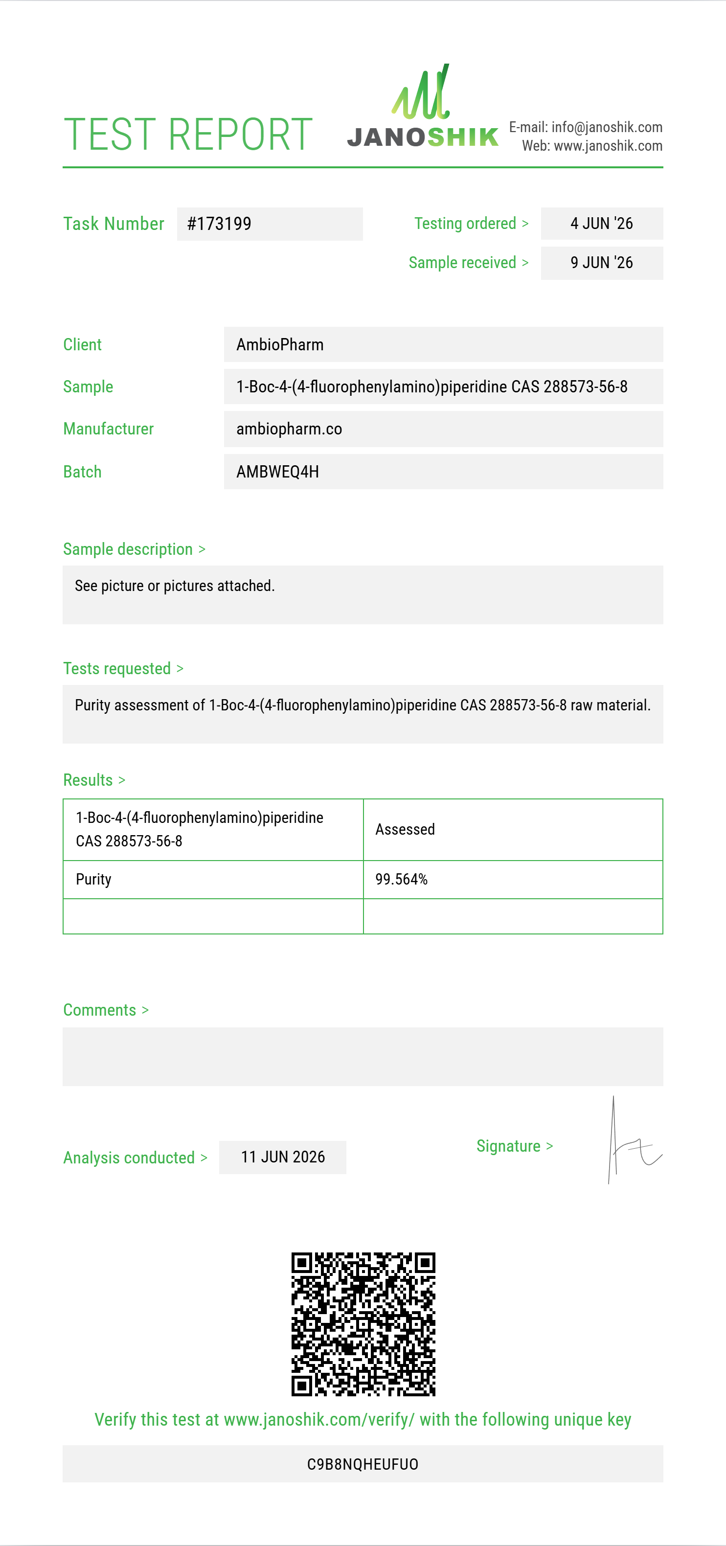 1-Boc-4-(4-fluorophenylamino)piperidine CAS 288573-56-8 Purity (HPLC) report by Janoshik Analytical
