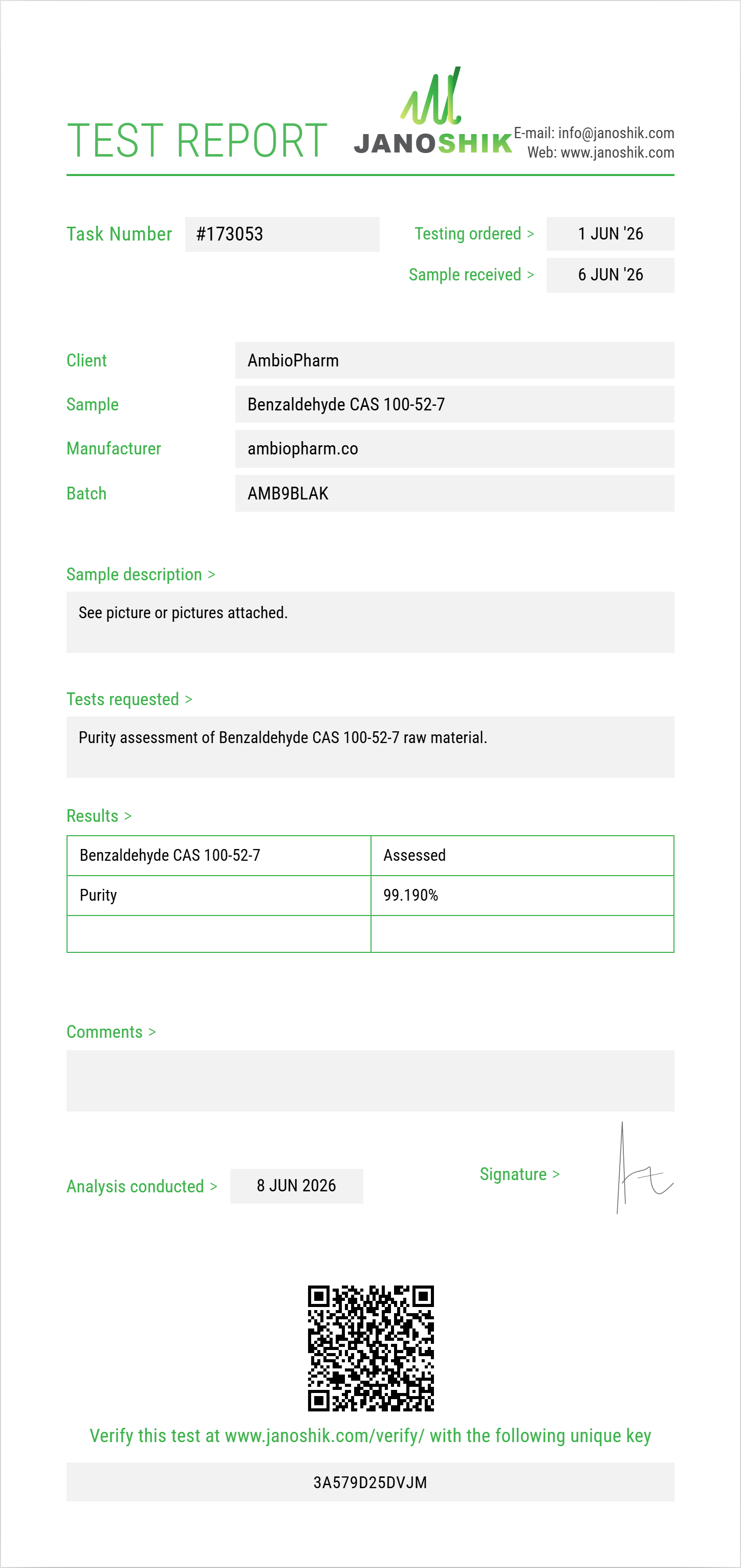 Benzaldehyde CAS 100-52-7 Purity (HPLC) report by Janoshik Analytical