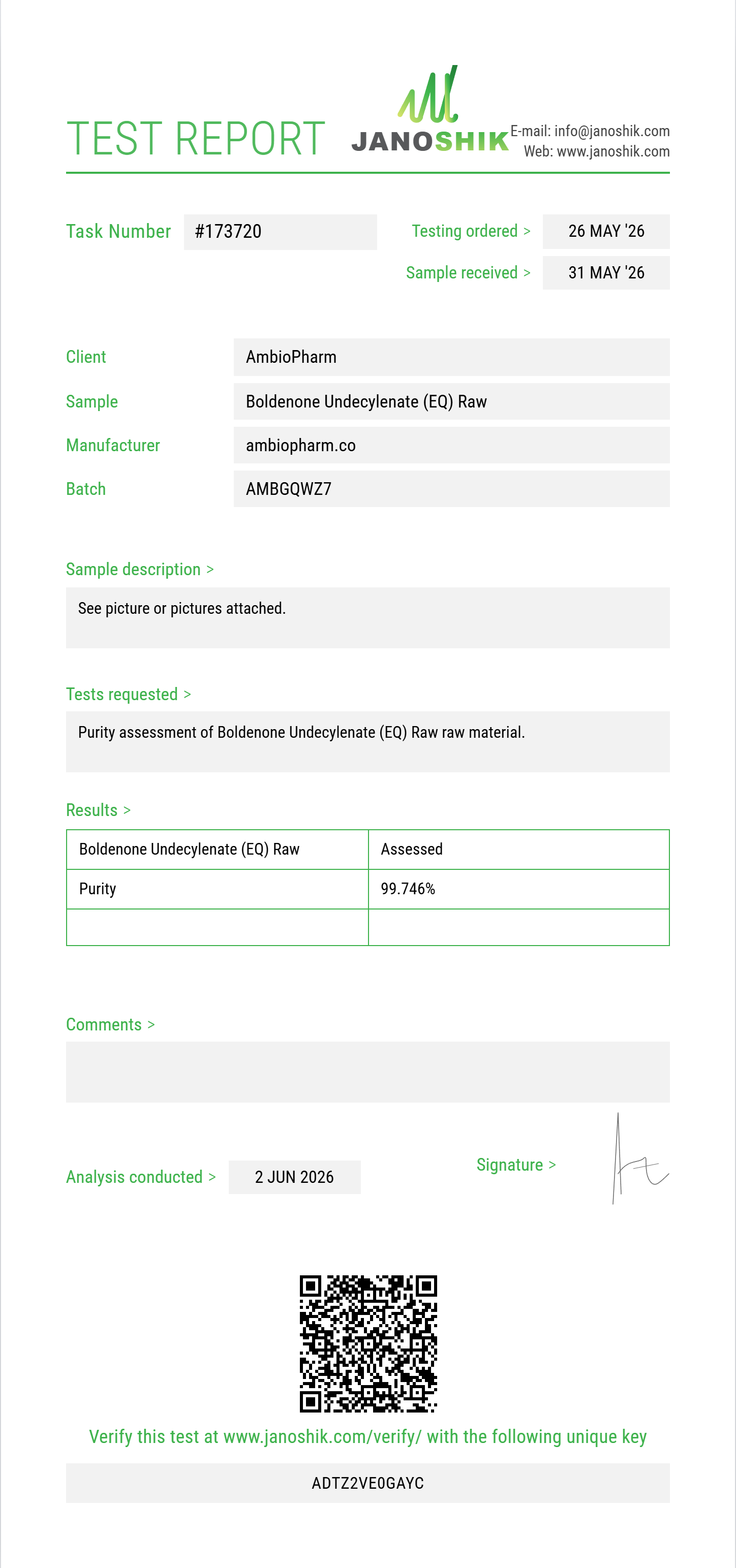 Boldenone Undecylenate (EQ) Raw Purity (HPLC) report by Janoshik Analytical