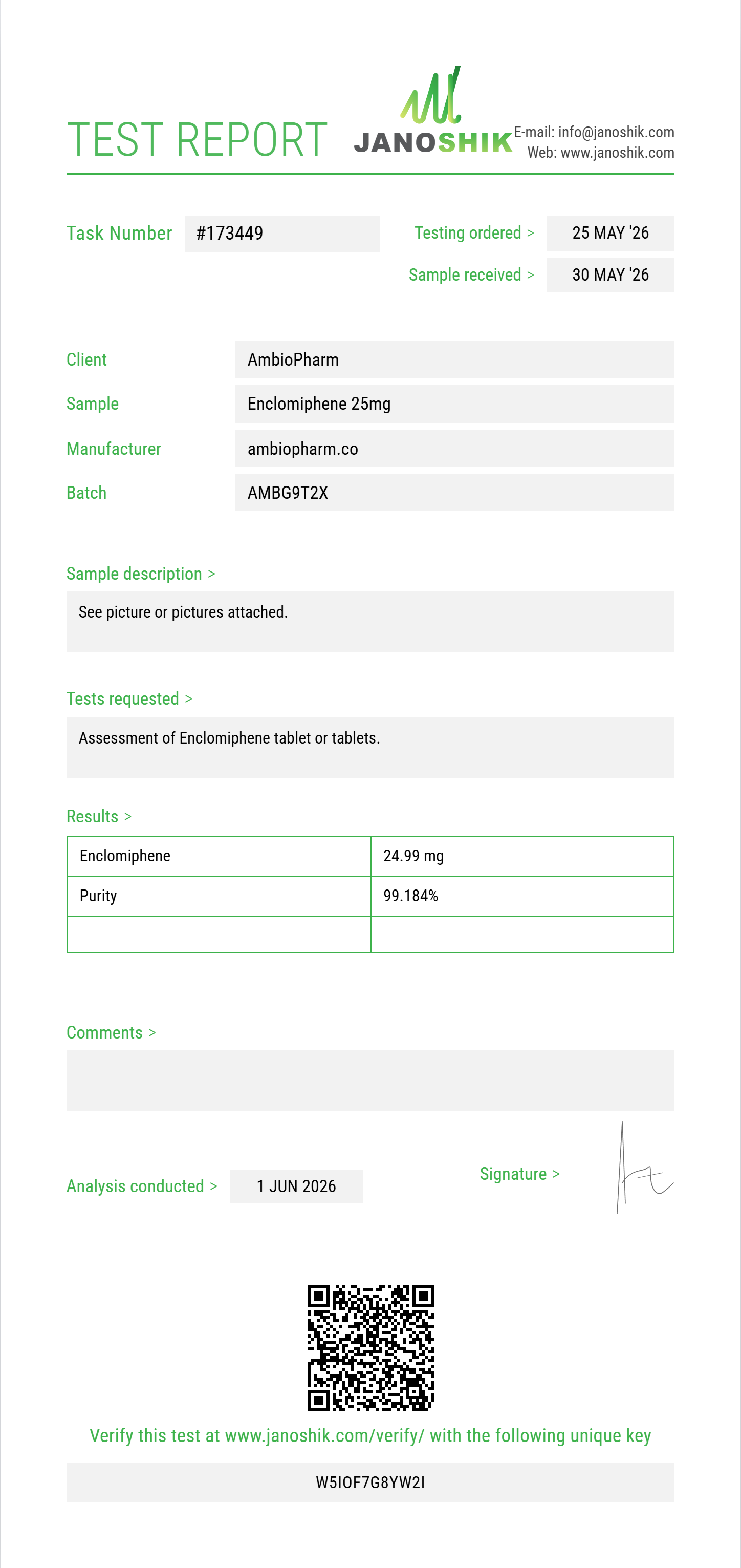Enclomiphene Purity (HPLC) report by Janoshik Analytical