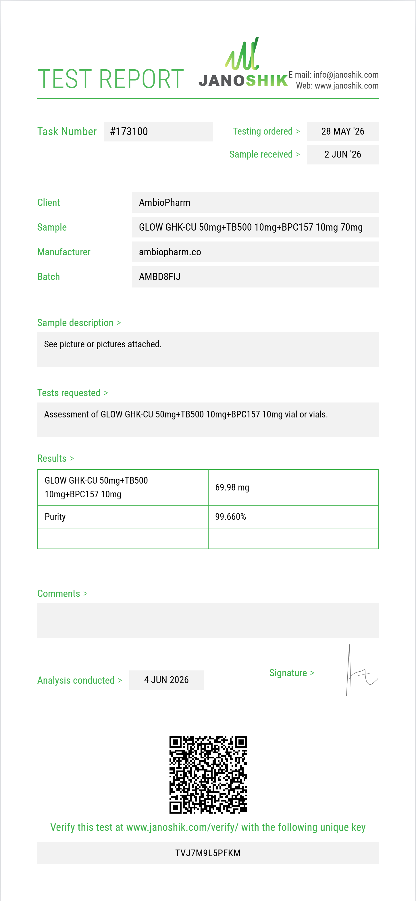 GLOW GHK-CU 50mg+TB500 10mg+BPC157 10mg Purity (HPLC) report by Janoshik Analytical