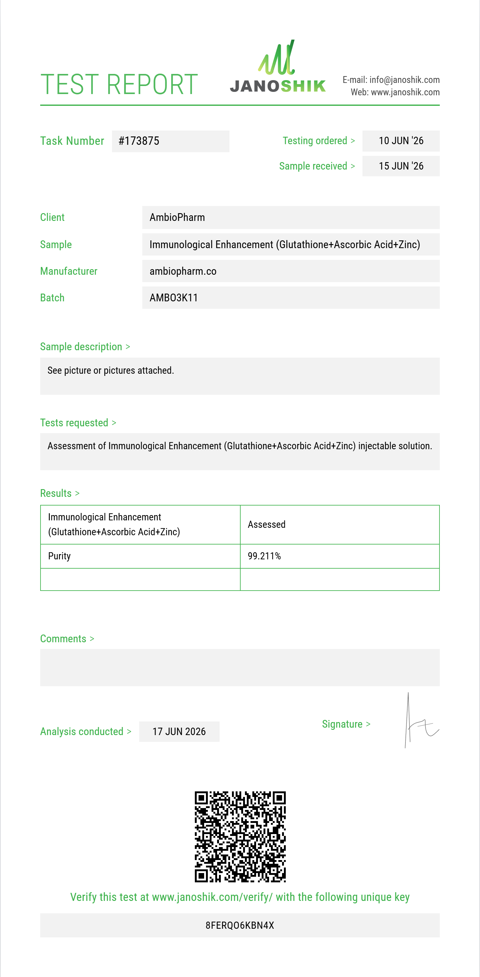 Immunological Enhancement (Glutathione 200mg+Ascorbic Acid 200mg+Zinc Sulfate 2.5mg) Purity (HPLC) report by Janoshik Analytical