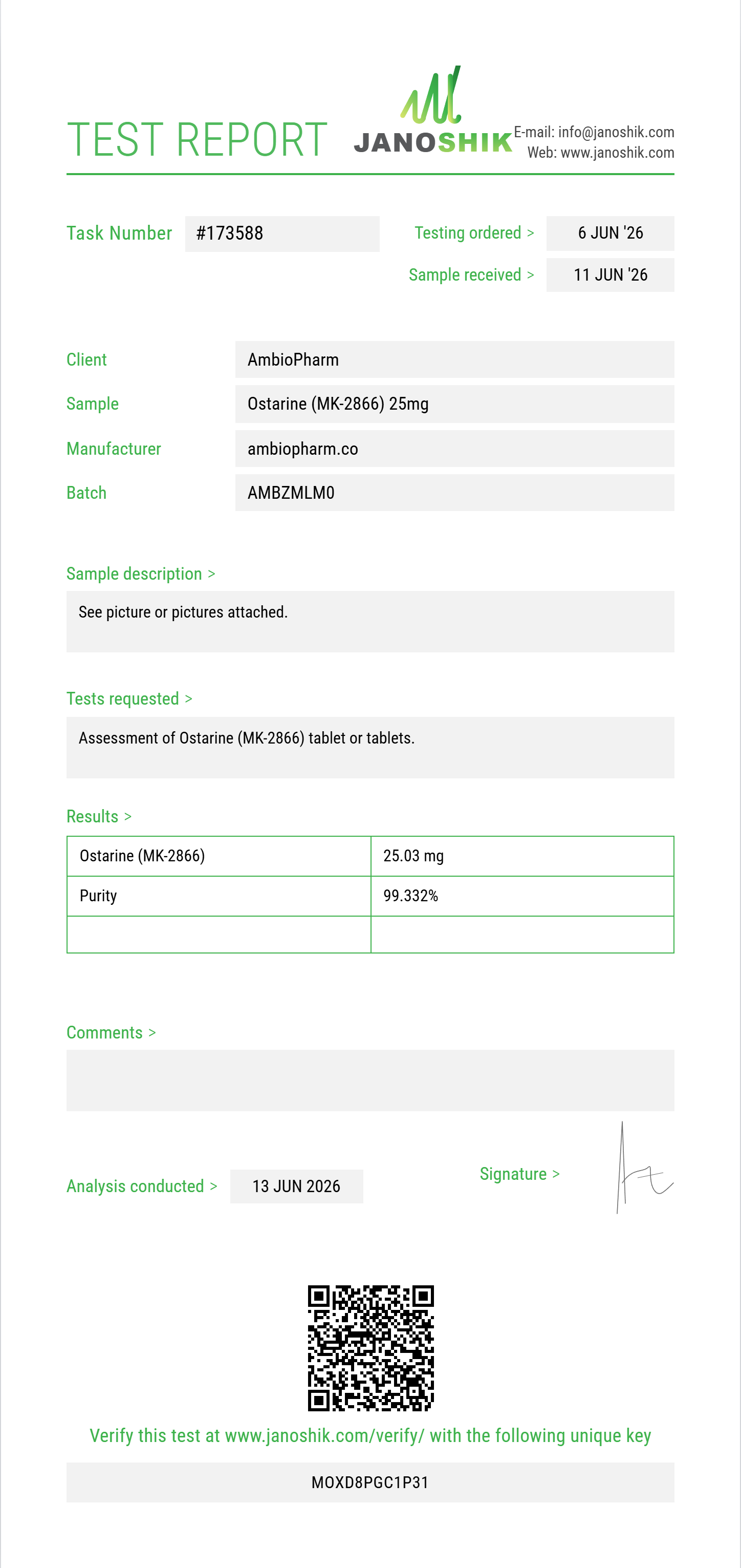 Ostarine (MK-2866) Purity (HPLC) report by Janoshik Analytical