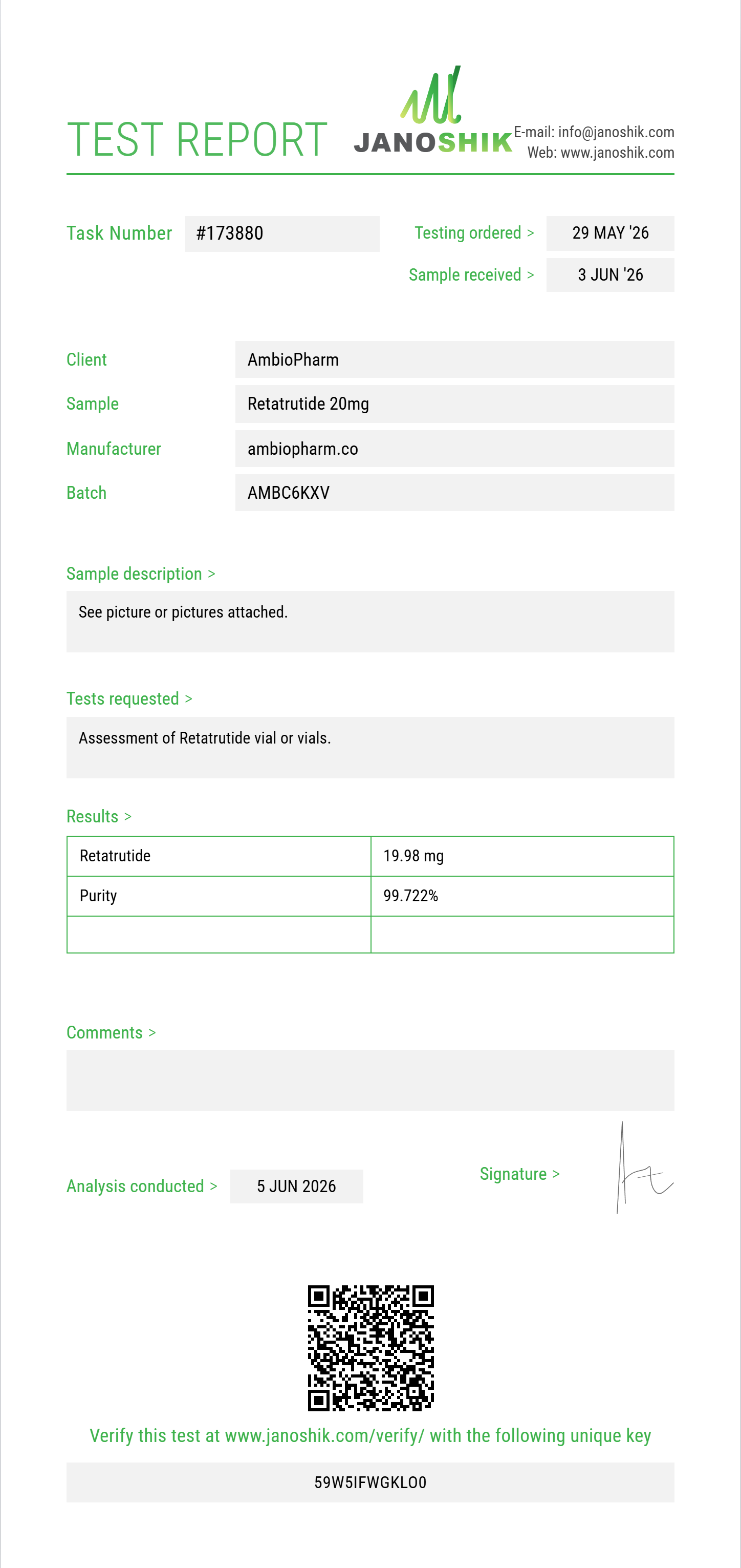 Retatrutide Purity (HPLC) report by Janoshik Analytical