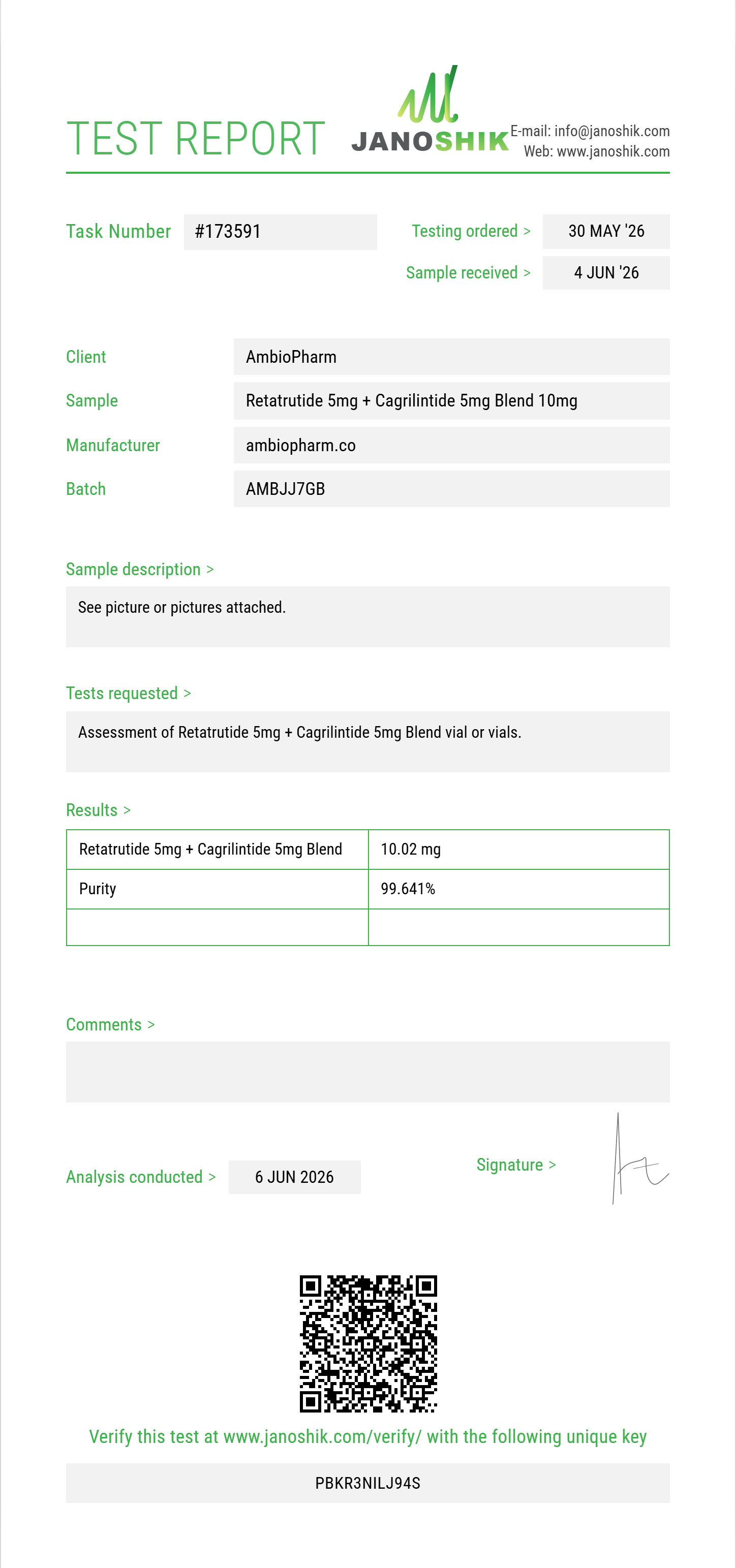 Retatrutide 5mg + Cagrilintide 5mg Blend Purity (HPLC) report by Janoshik Analytical