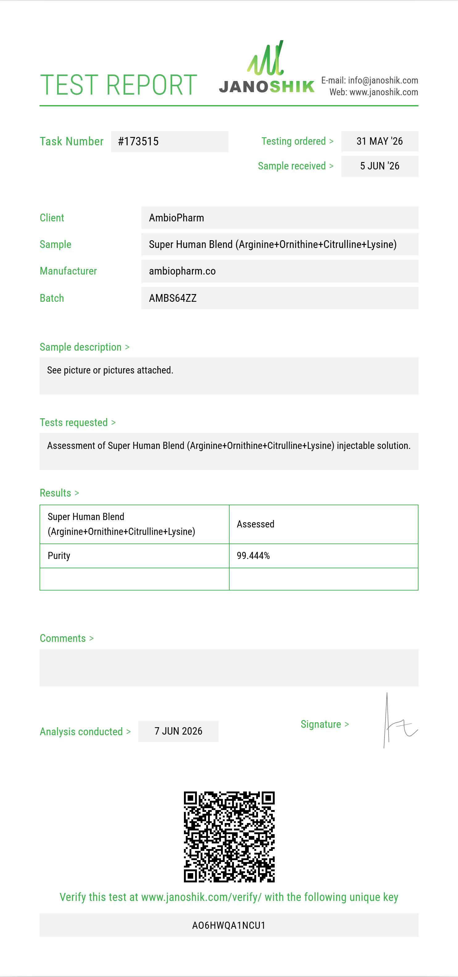 Super Human Blend (Arginine+Ornithine+Citrulline+Lysine+Glutamine+Proline+Taurine+Carnitine+NAC) Purity (HPLC) report by Janoshik Analytical