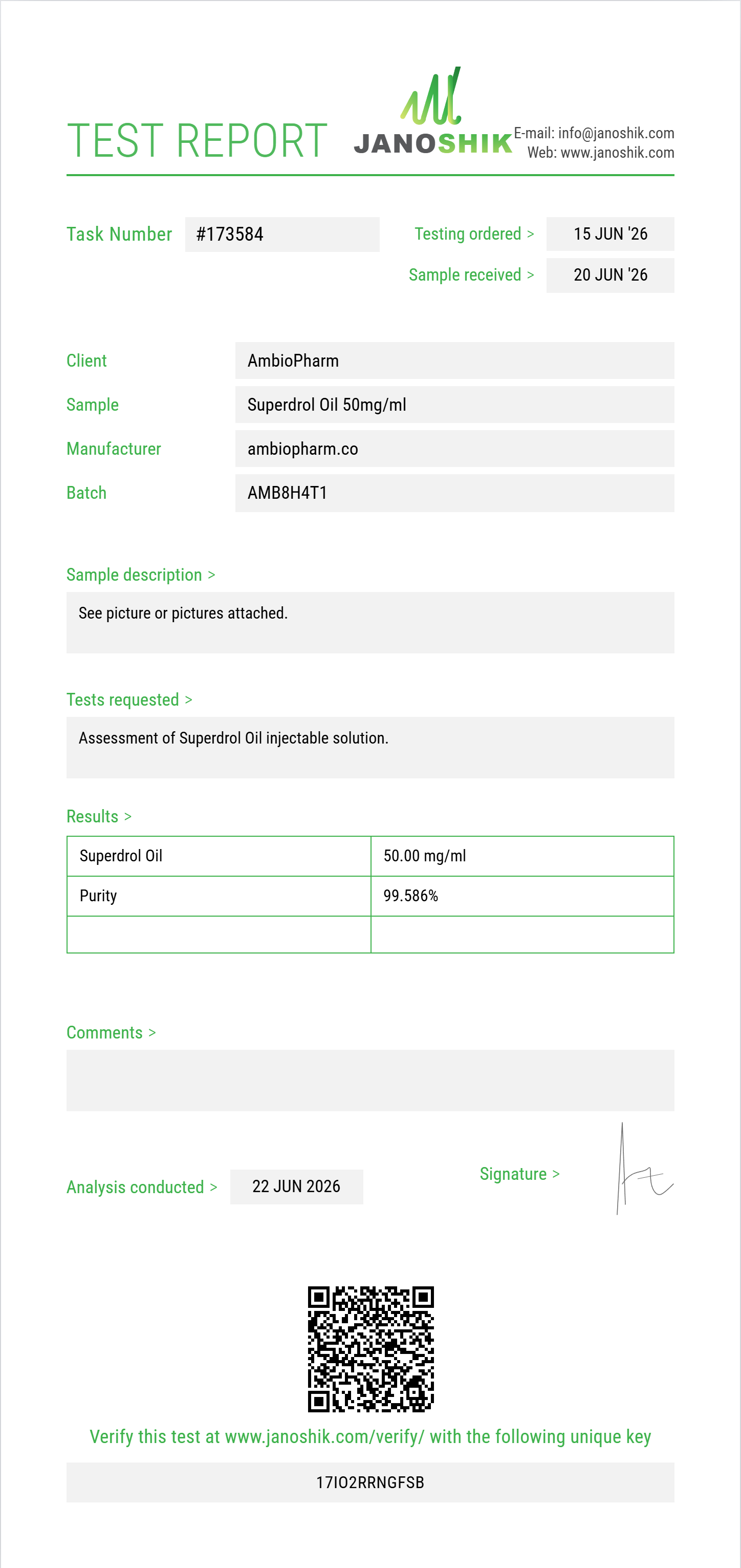 Superdrol Oil Purity (HPLC) report by Janoshik Analytical