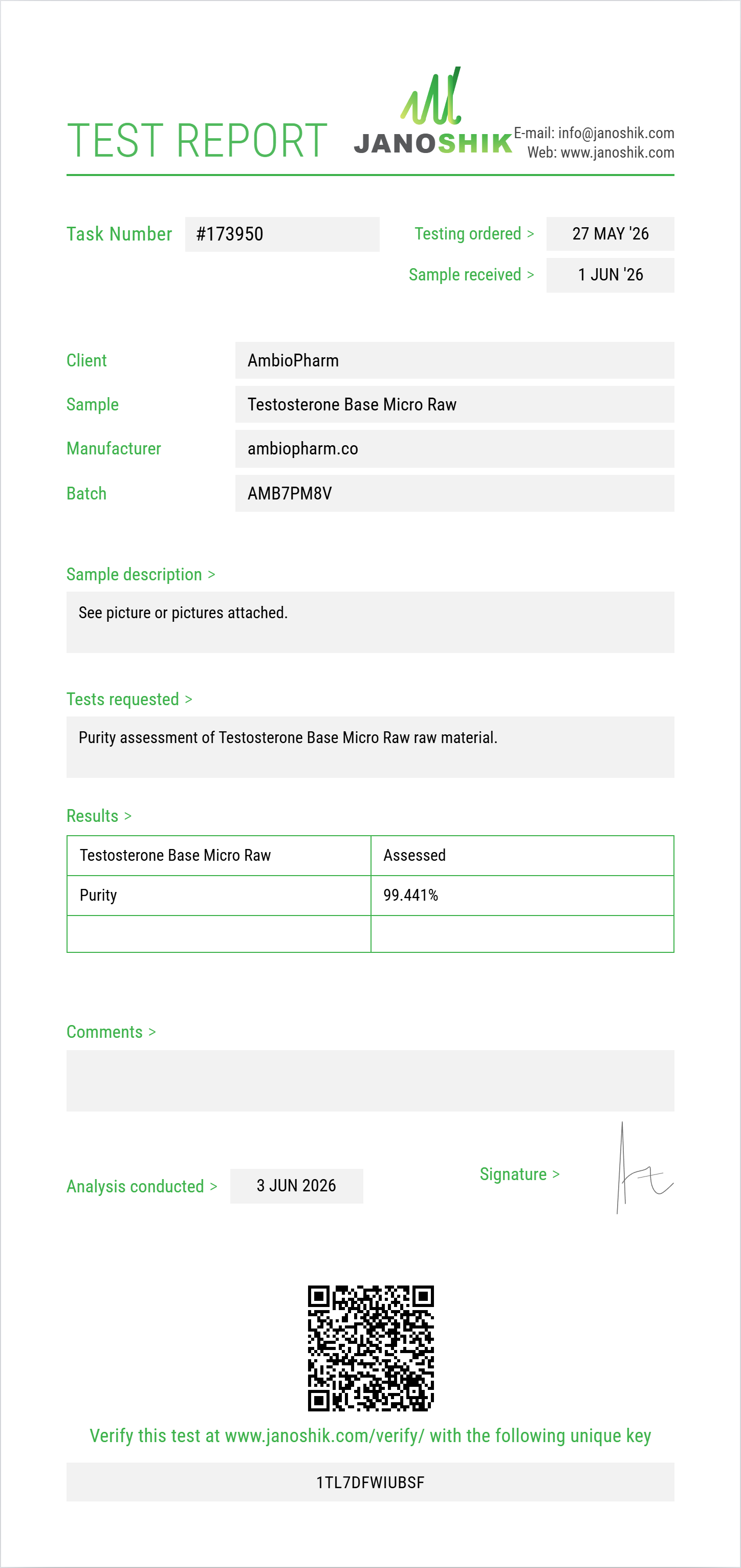 Testosterone Base Micro Raw Purity (HPLC) report by Janoshik Analytical