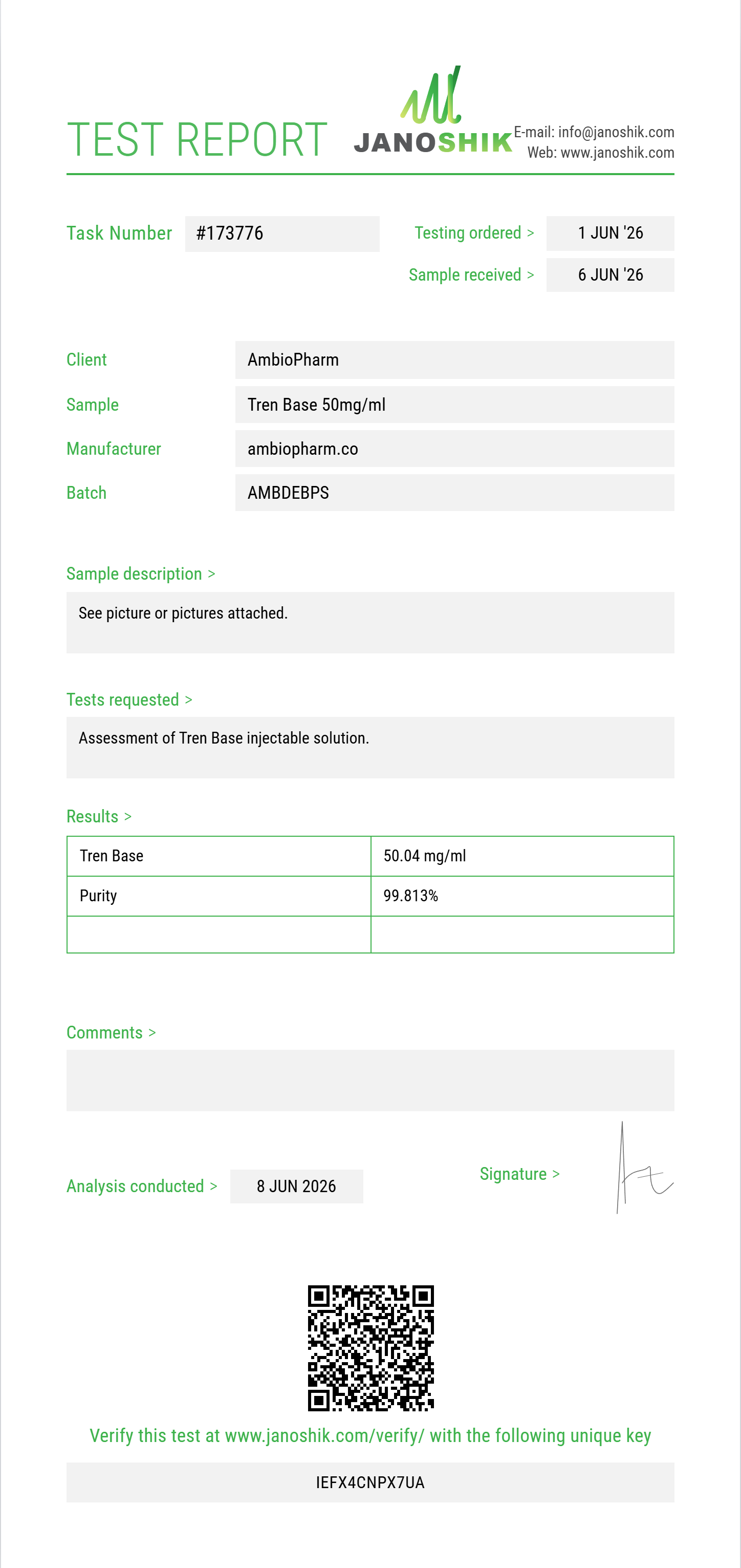 Tren Base Purity (HPLC) report by Janoshik Analytical