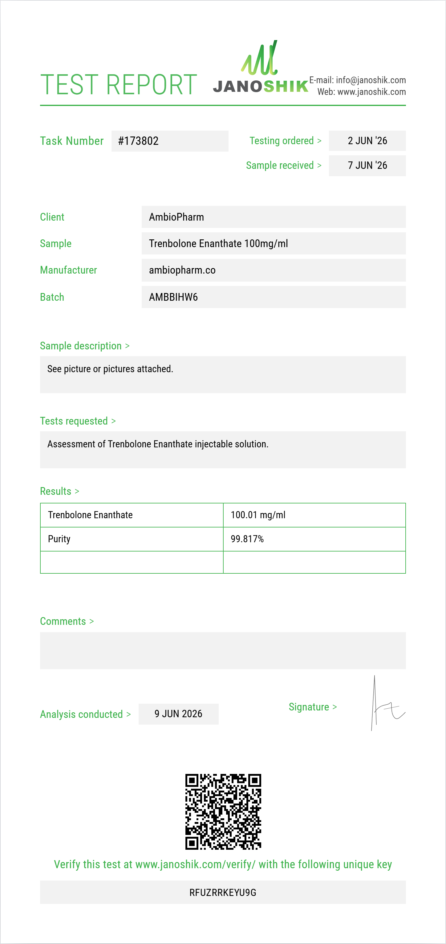 Trenbolone Enanthate Purity (HPLC) report by Janoshik Analytical