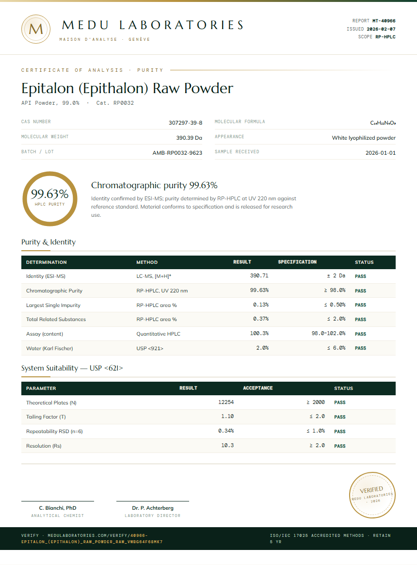 Epitalon (Epithalon) Raw Powder Purity Test Report by Medu Laboratories