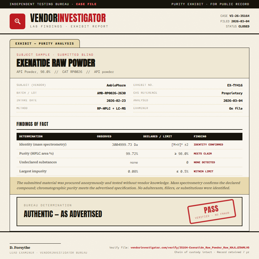 Exenatide Raw Powder Purity (HPLC) report by VendorInvestigator