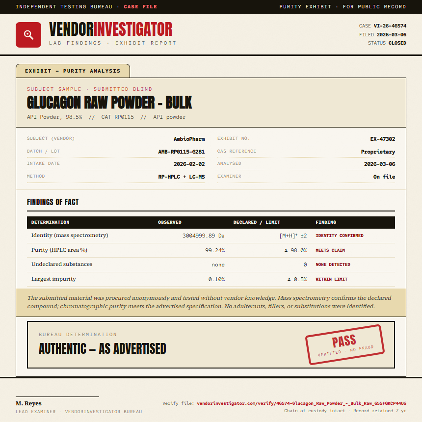 Glucagon Raw Powder - Bulk Purity (HPLC) report by VendorInvestigator