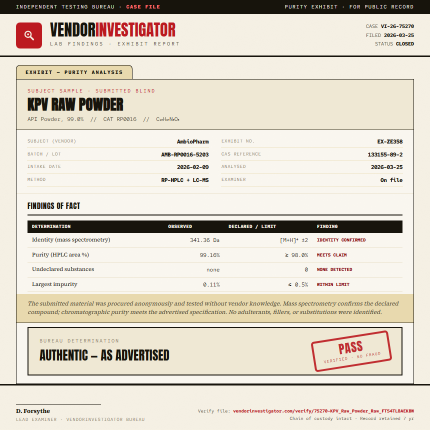 KPV Raw Powder Purity (HPLC) report by VendorInvestigator