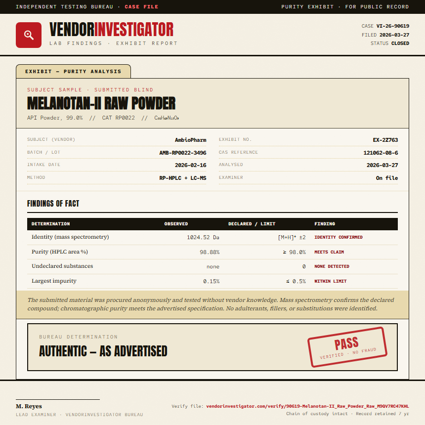 Melanotan-II Raw Powder Purity (HPLC) report by VendorInvestigator