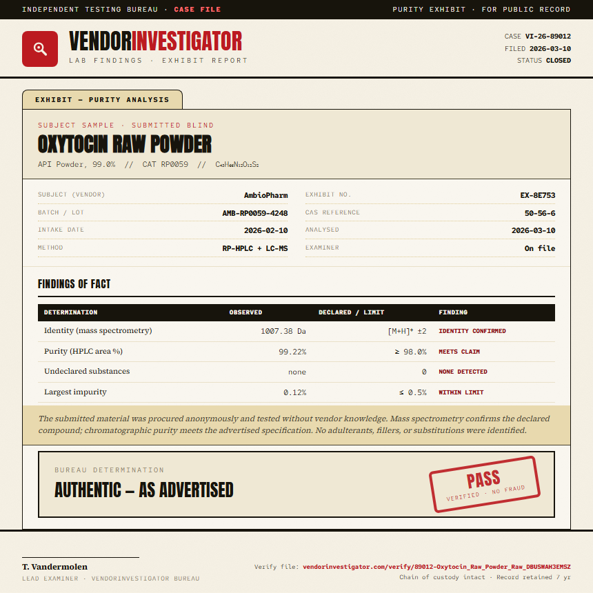 Oxytocin Raw Powder Purity (HPLC) report by VendorInvestigator