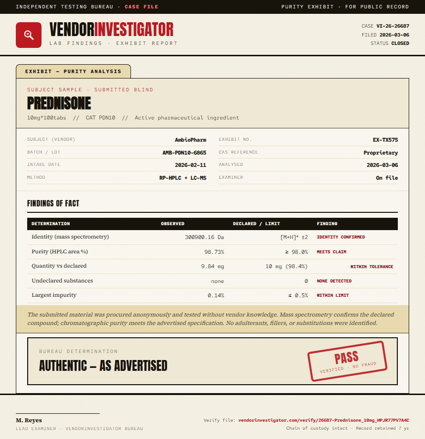 Prednisone Purity (HPLC) report by VendorInvestigator