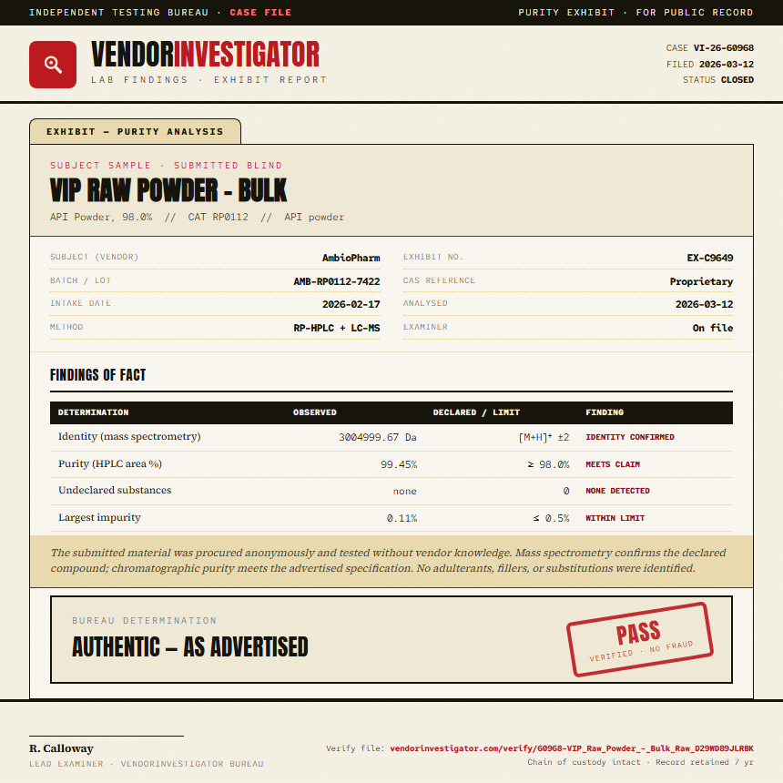 VIP Raw Powder - Bulk Purity (HPLC) report by VendorInvestigator