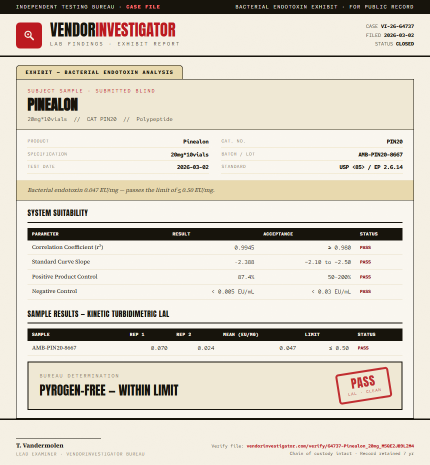 Pinealon Endotoxin report by VendorInvestigator