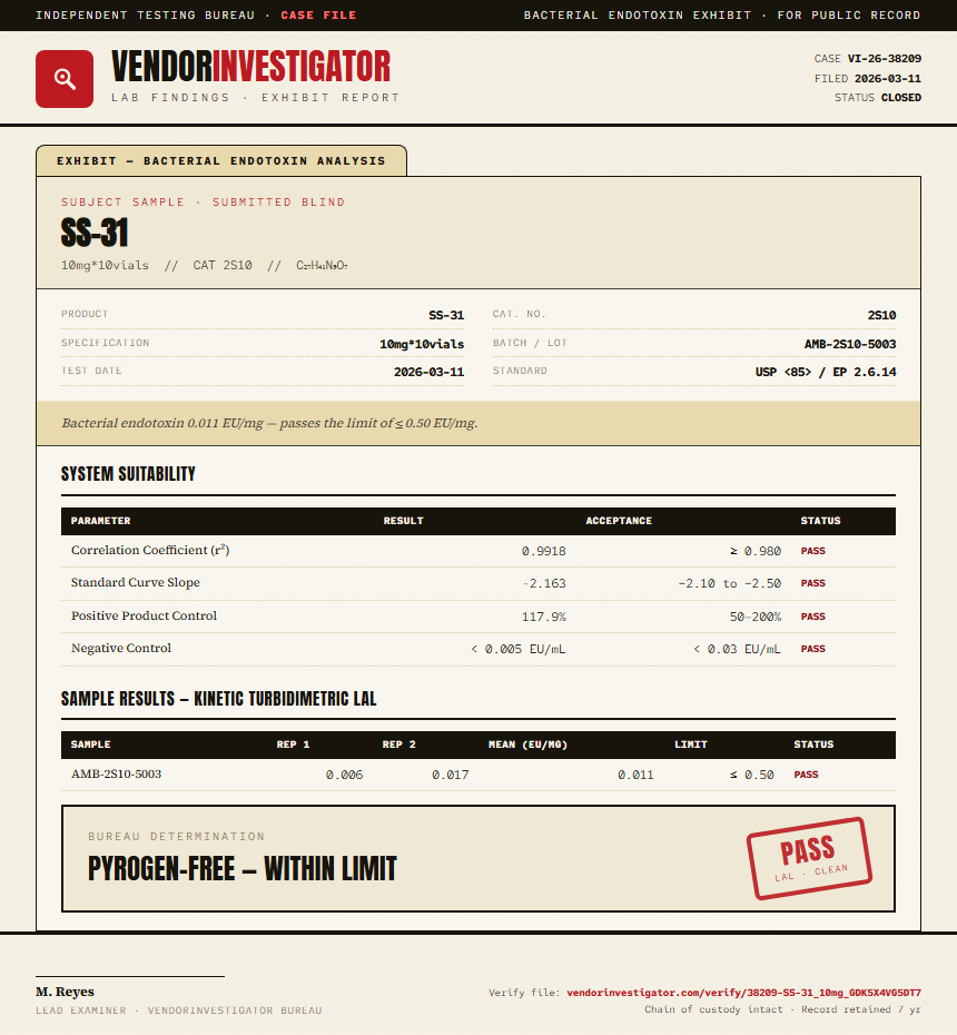SS-31 Endotoxin report by VendorInvestigator